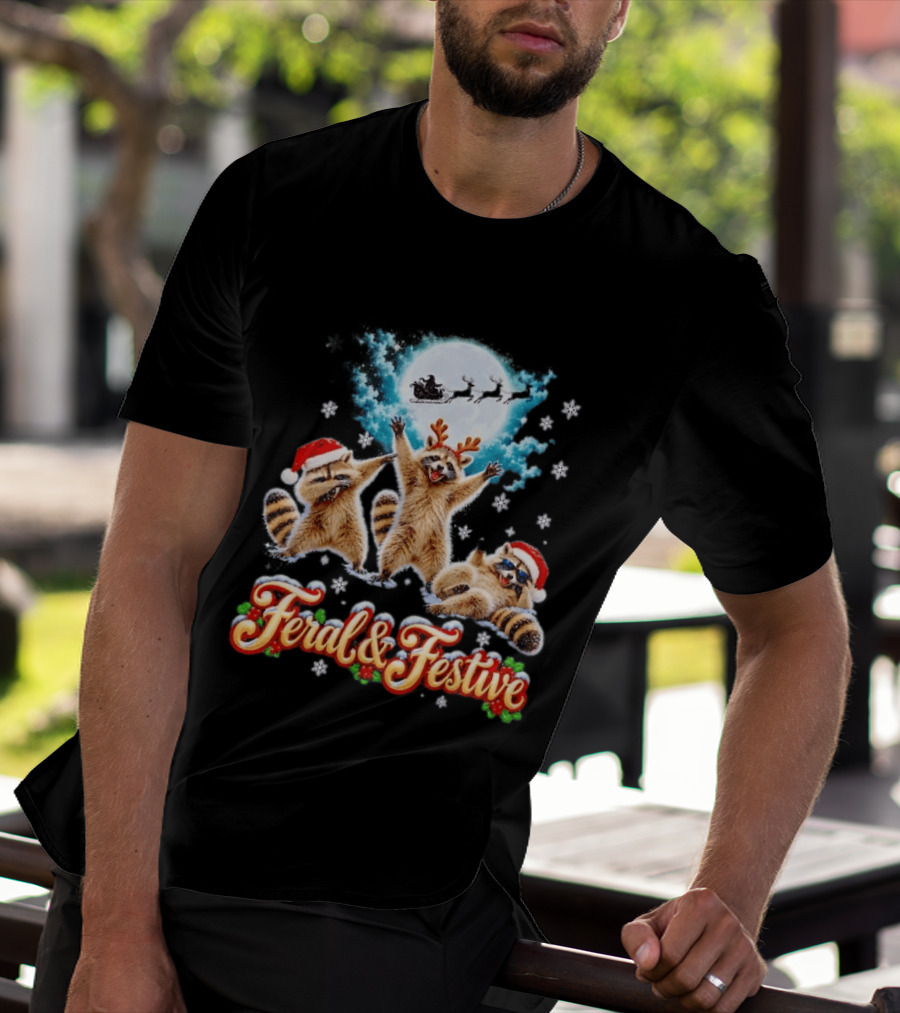 Feral And Festive Raccoons Christmas Holiday Santa And Reindeer T-Shirt