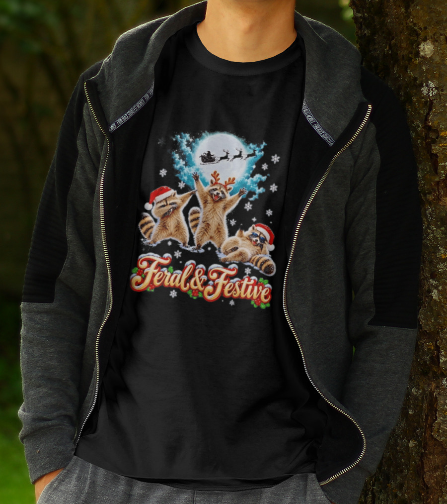 Feral And Festive Raccoons Christmas Holiday Santa And Reindeer T-Shirt