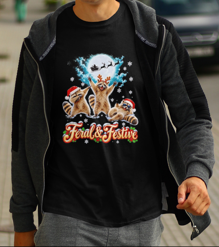 Feral And Festive Raccoons Christmas Holiday Santa And Reindeer T-Shirt