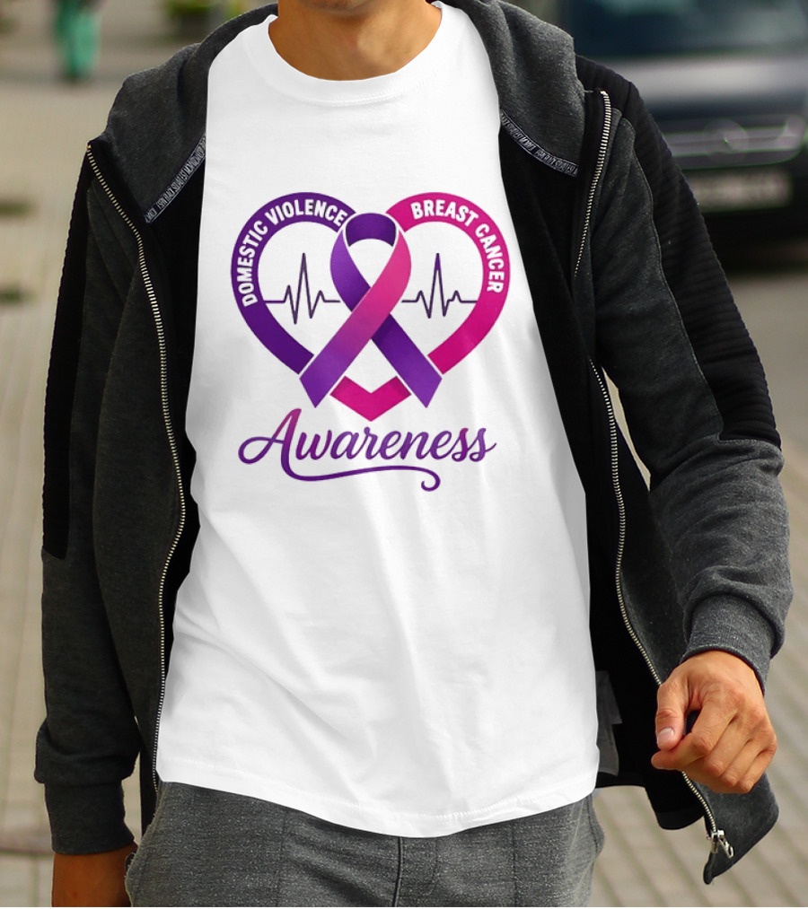 Domestic Violence And Breast Cancer Awareness Heart Ribbon Purple Pink T-Shirt