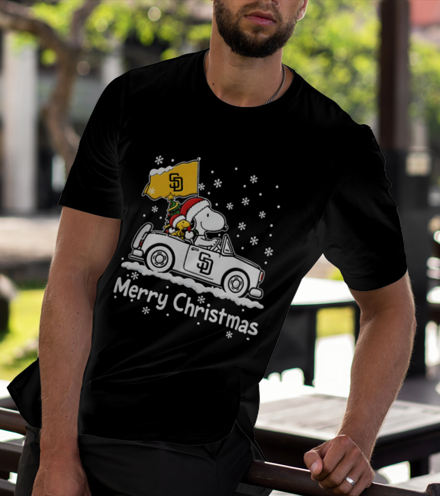 Snoopy And Woodstock Driving San Diego Padres Car Merry Christmas 2026 T-Shirt