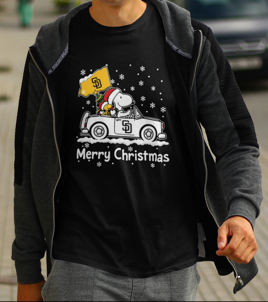 Snoopy And Woodstock Driving San Diego Padres Car Merry Christmas 2026 T-Shirt