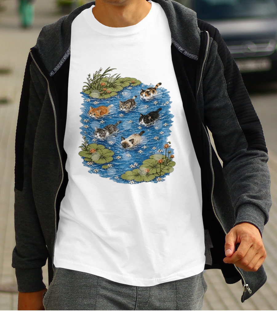 Kittens Swimming Among Water Lilies In Pond Scene T-Shirt
