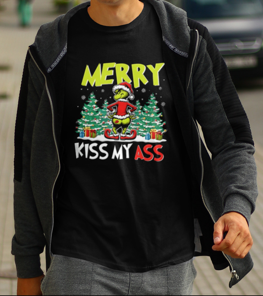 Merry Kiss My Ass Grinch Santa Outfit Mooning Christmas Trees And Gifts T-Shirt