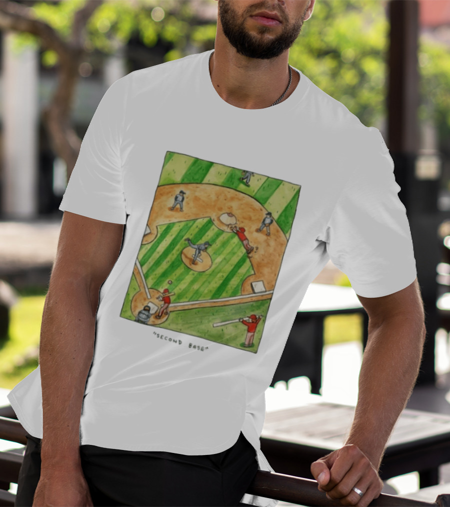 Second Base Baseball Cartoon Humor Action Play Scene T-Shirt
