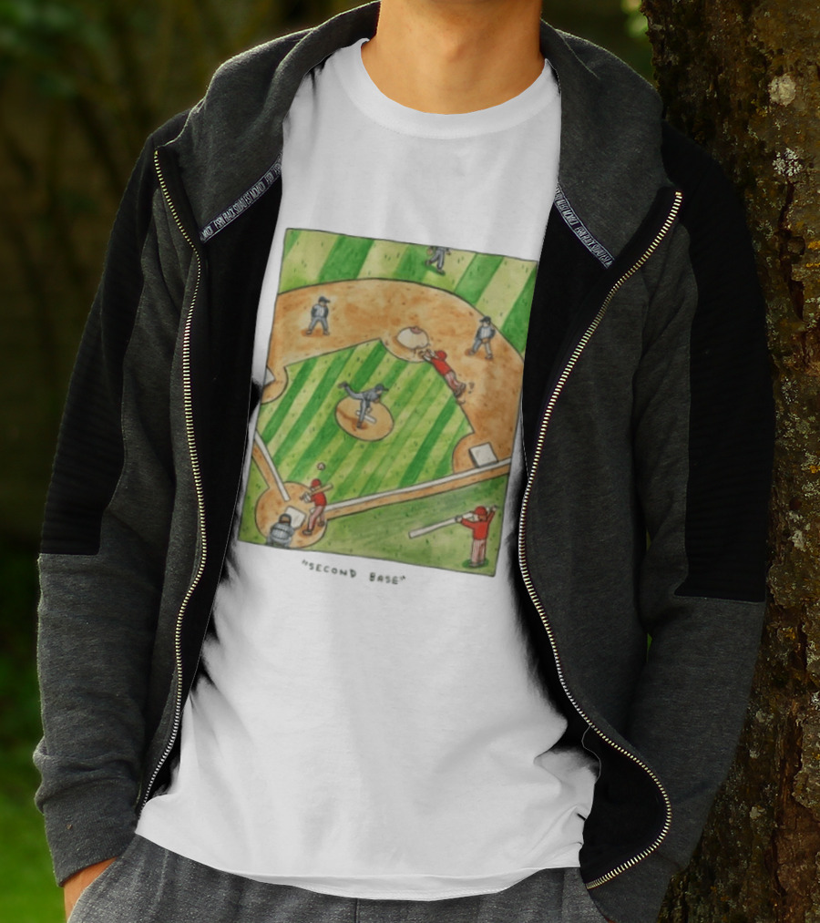 Second Base Baseball Cartoon Humor Action Play Scene T-Shirt