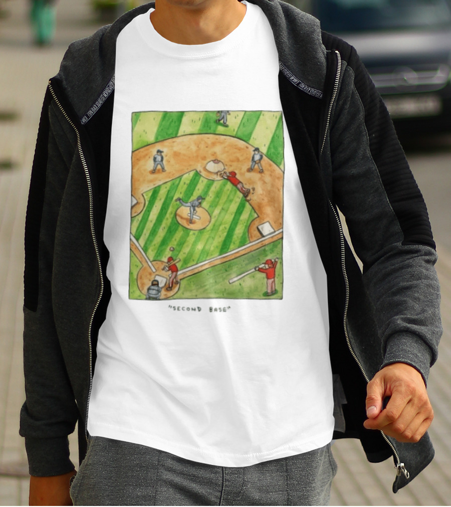 Second Base Baseball Cartoon Humor Action Play Scene T-Shirt