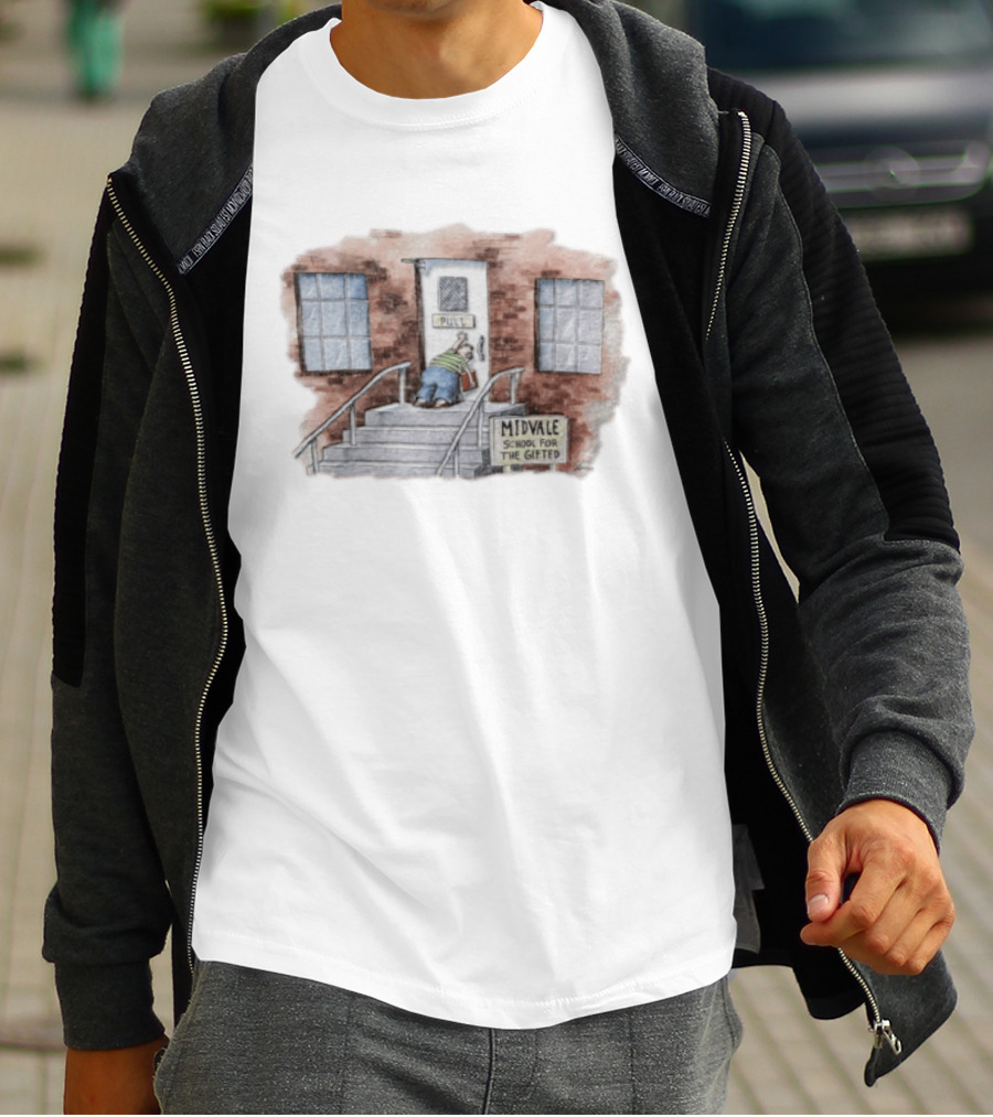 Midvale School For The Gifted 1985 Far Side Pull Door Comic T-Shirt