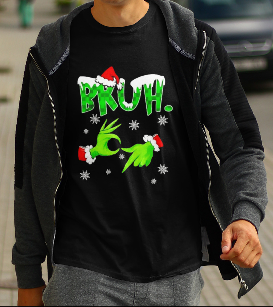Bruh Grinch Hands Christmas Santa Hat Snowflakes T-Shirt