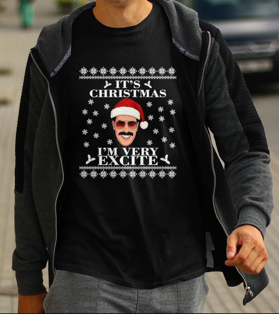 Borat It's Christmas I'm Very Excite Sacha Baron Cohen Santa Hat Ugly Sweater T-Shirt