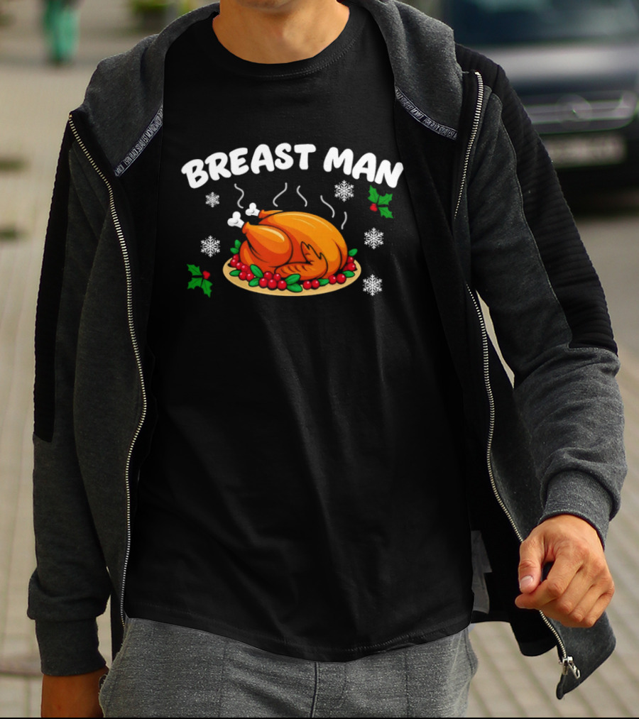 Breast Man Thanksgiving Turkey Holiday Dinner Snowflakes Holly T-Shirt