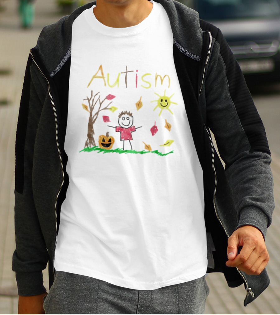 Autism Awareness Child With Pumpkin Autumn Leaves Sun And Tree T-Shirt