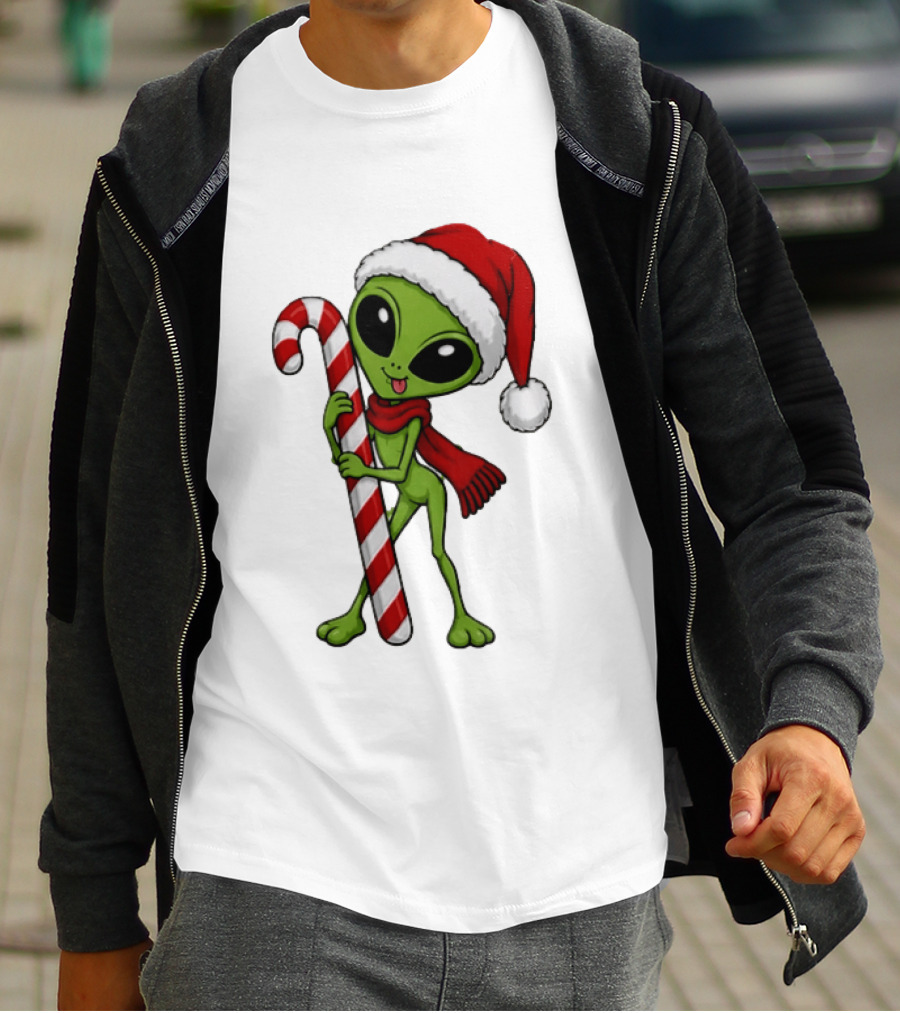 Green Santa Hat Alien With Red Scarf Holding Candy Cane Christmas T-Shirt