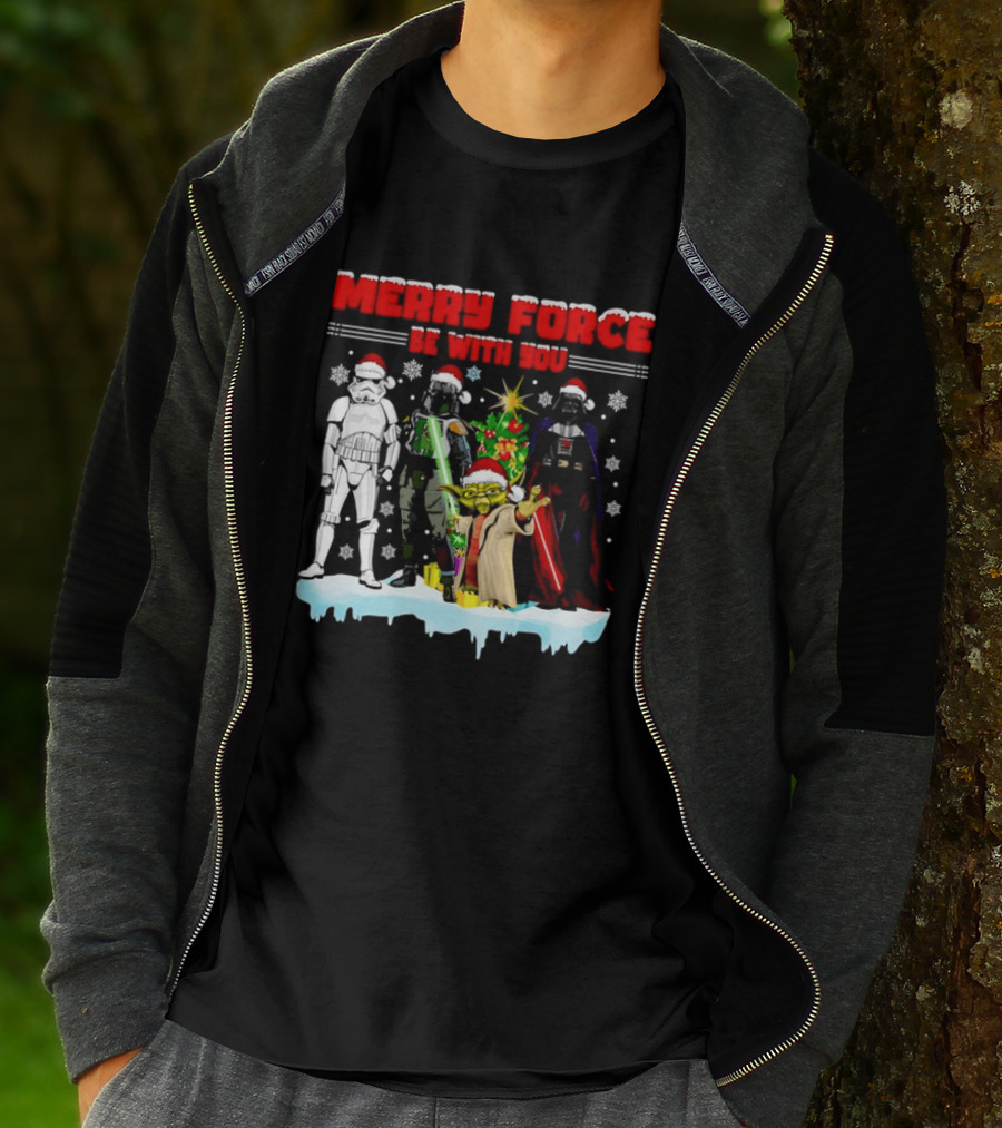 Star Wars Merry Force Be With You Christmas Characters Stormtrooper Yoda Darth Vader Santa Hats T-Shirt
