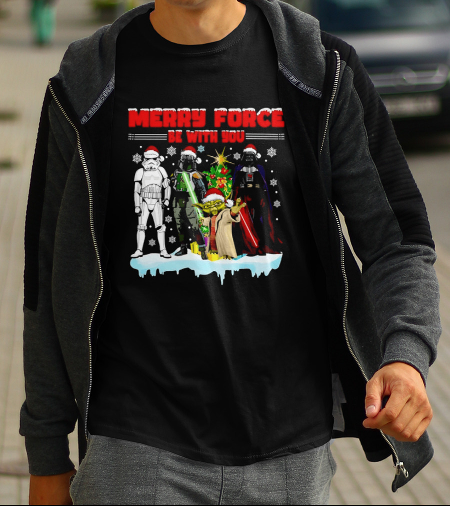 Star Wars Merry Force Be With You Christmas Characters Stormtrooper Yoda Darth Vader Santa Hats T-Shirt
