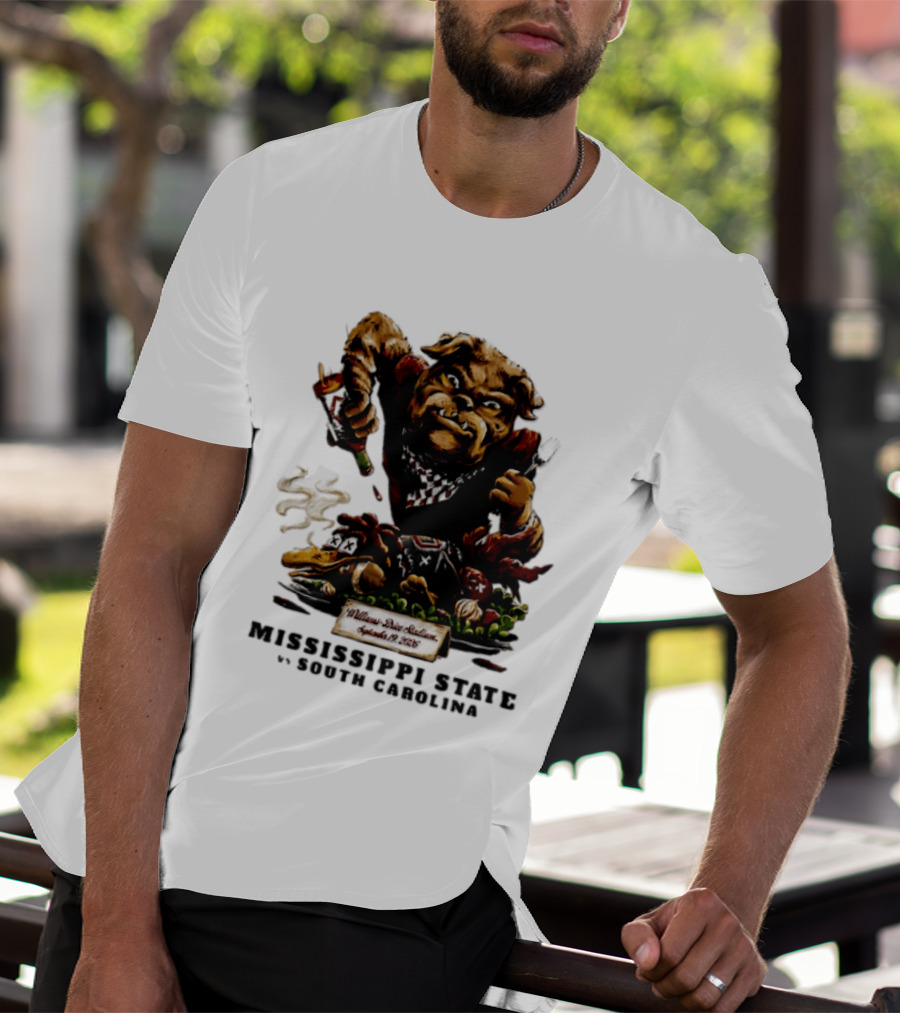 Mississippi State Vs South Carolina 2026 Bulldog Pouring Sauce On Roasted Duck Williams Brice Stadium T-Shirt
