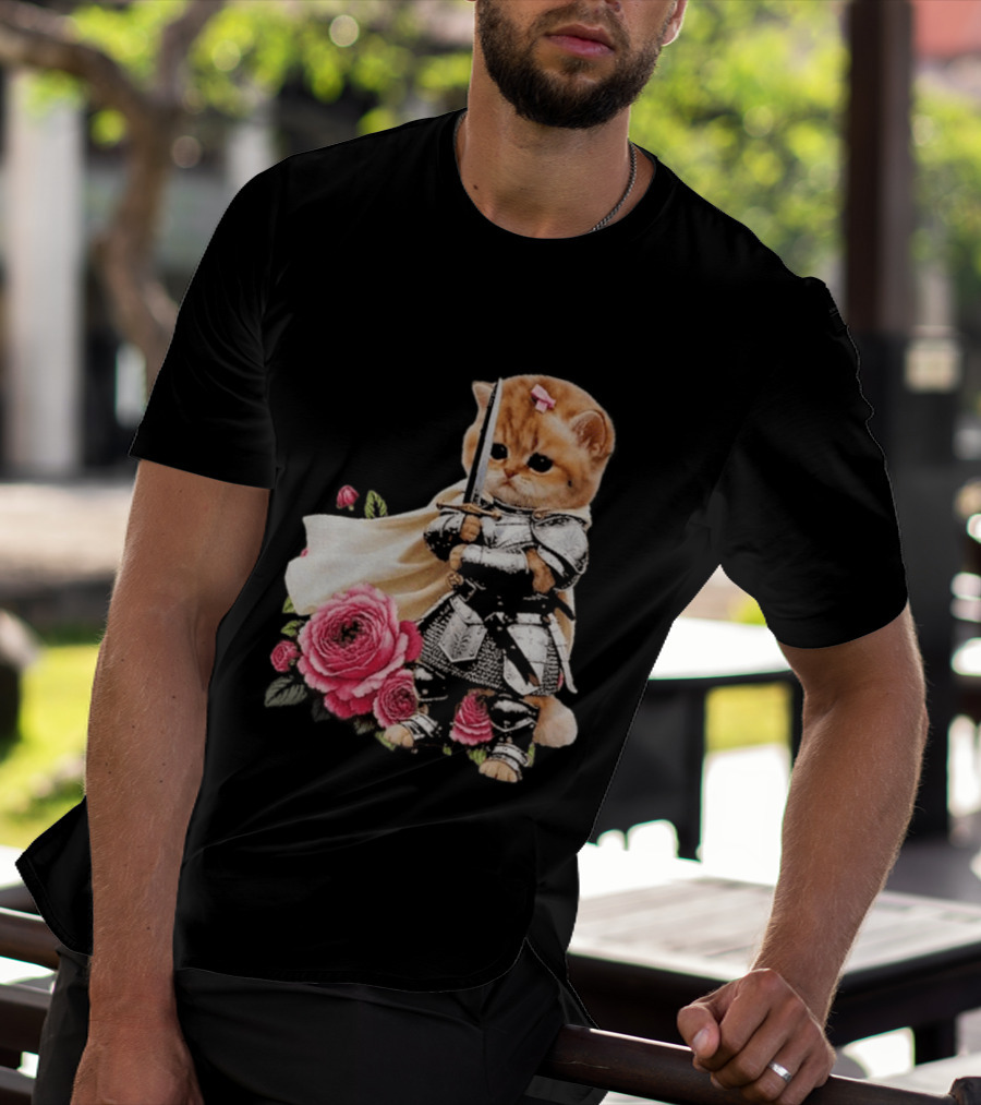 Knight Cat Holding Sword With Roses T-Shirt
