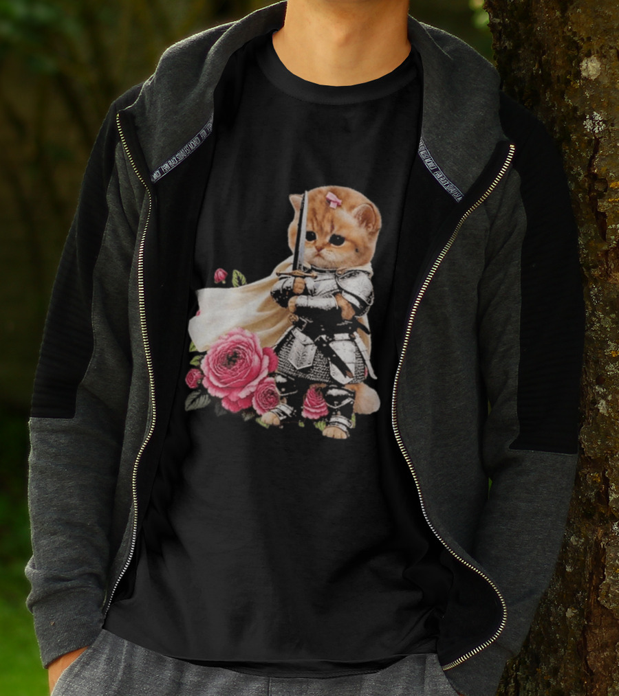 Knight Cat Holding Sword With Roses T-Shirt