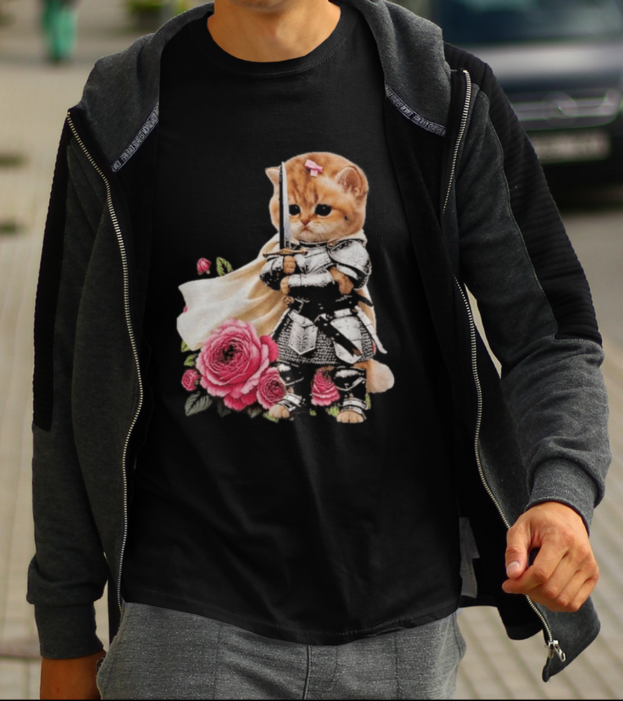 Knight Cat Holding Sword With Roses T-Shirt