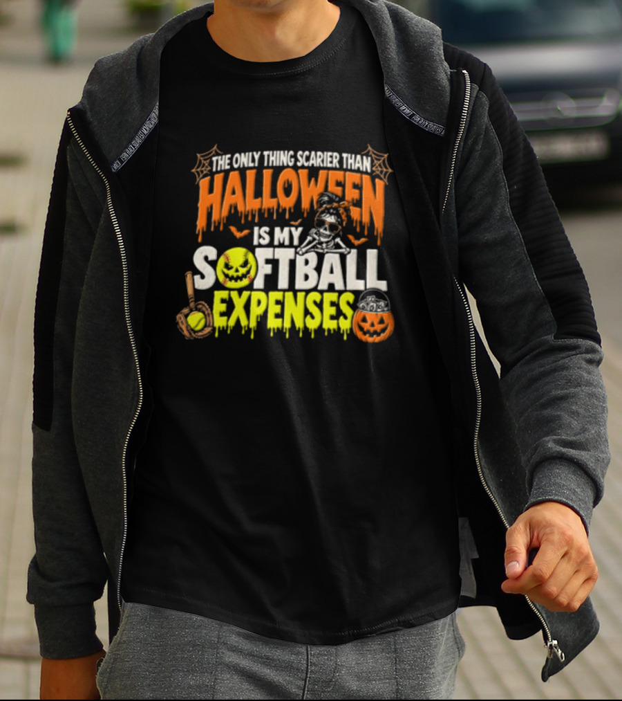 The Only Thing Scarier Than Halloween Is My Softball Expenses Skeletal Humor With Pumpkins T-Shirt