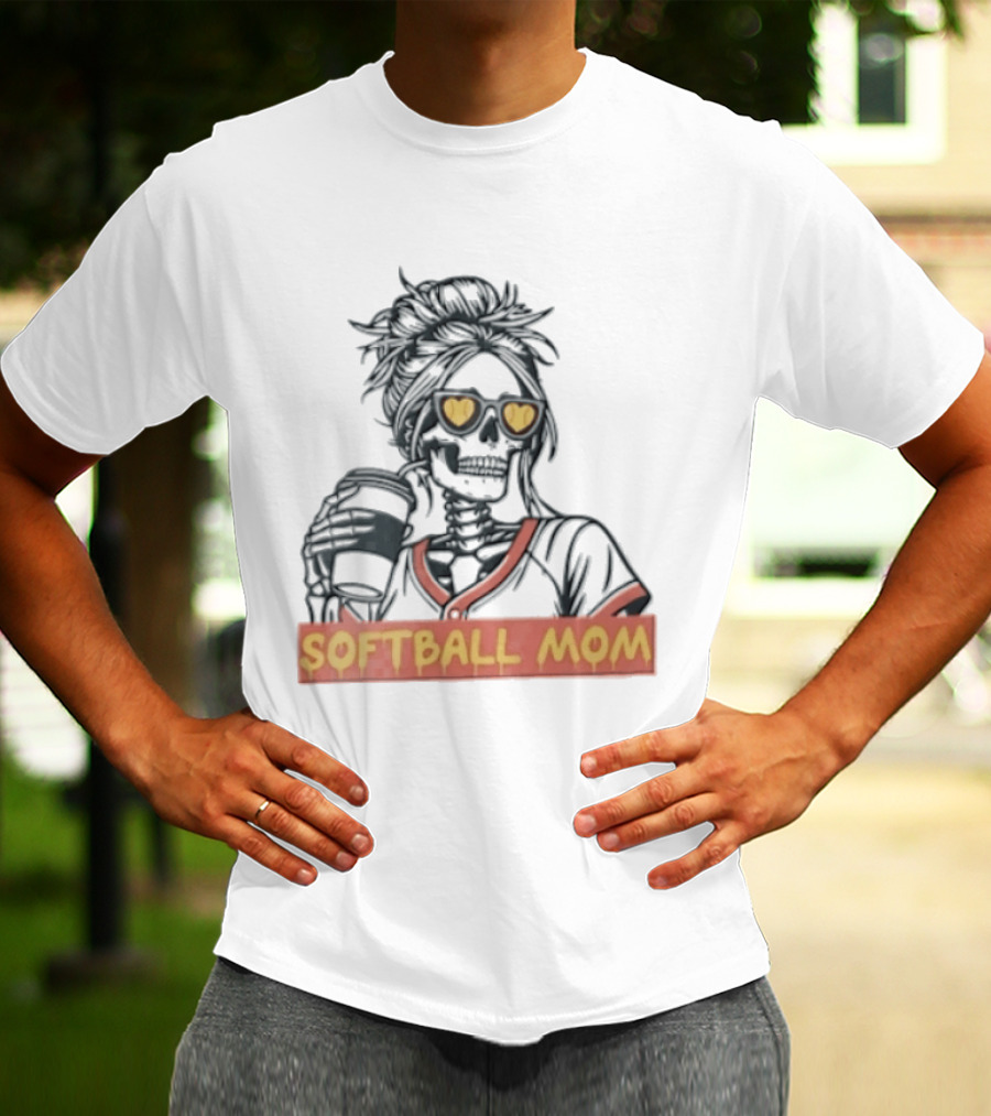 Softball MOM Skeleton Messy Bun Heart Sunglasses Coffee T-Shirt