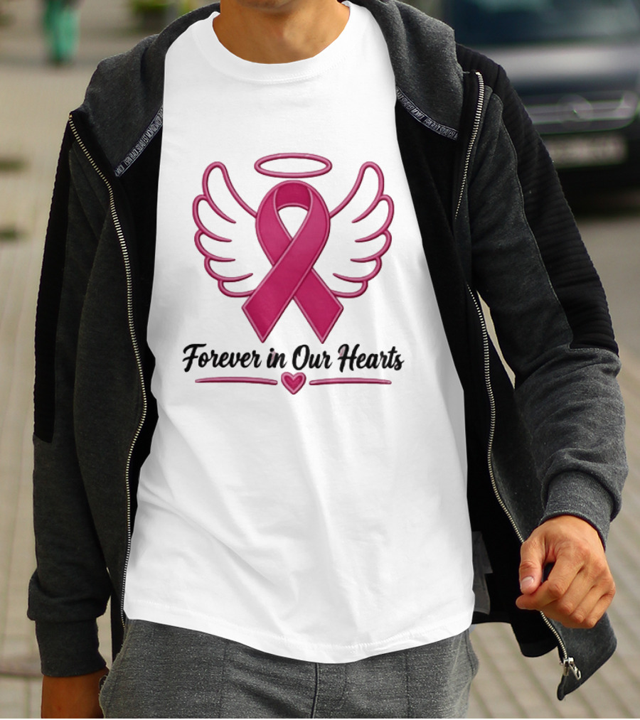 Forever In Our Hearts Breast Cancer Awareness Angel Ribbon T-Shirt