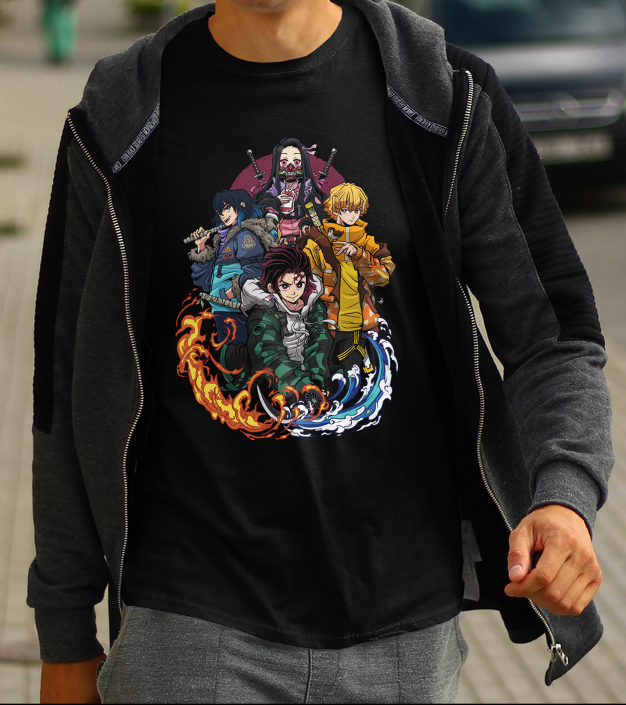 Kimetsu No Yaiba Demon Slayer Tanjiro Nezuko Zenitsu Inosuke Elemental Power Poses T-Shirt