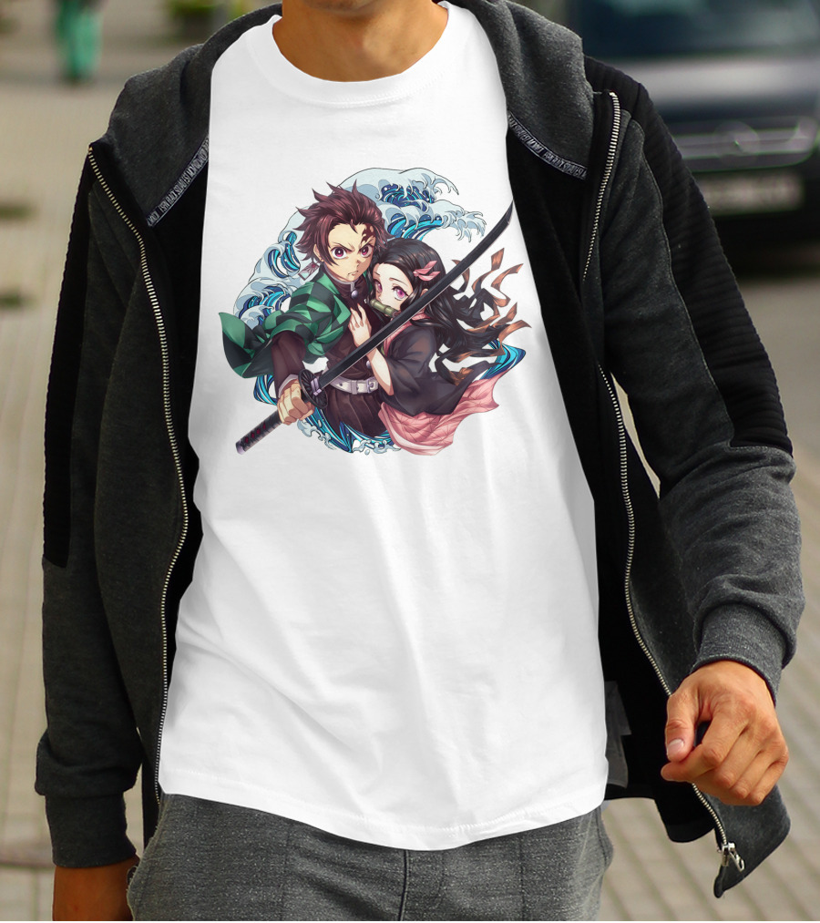 Kimetsu No Yaiba: Demon Slayer Tanjiro Kamado And Nezuko With Sword And Waves T-Shirt