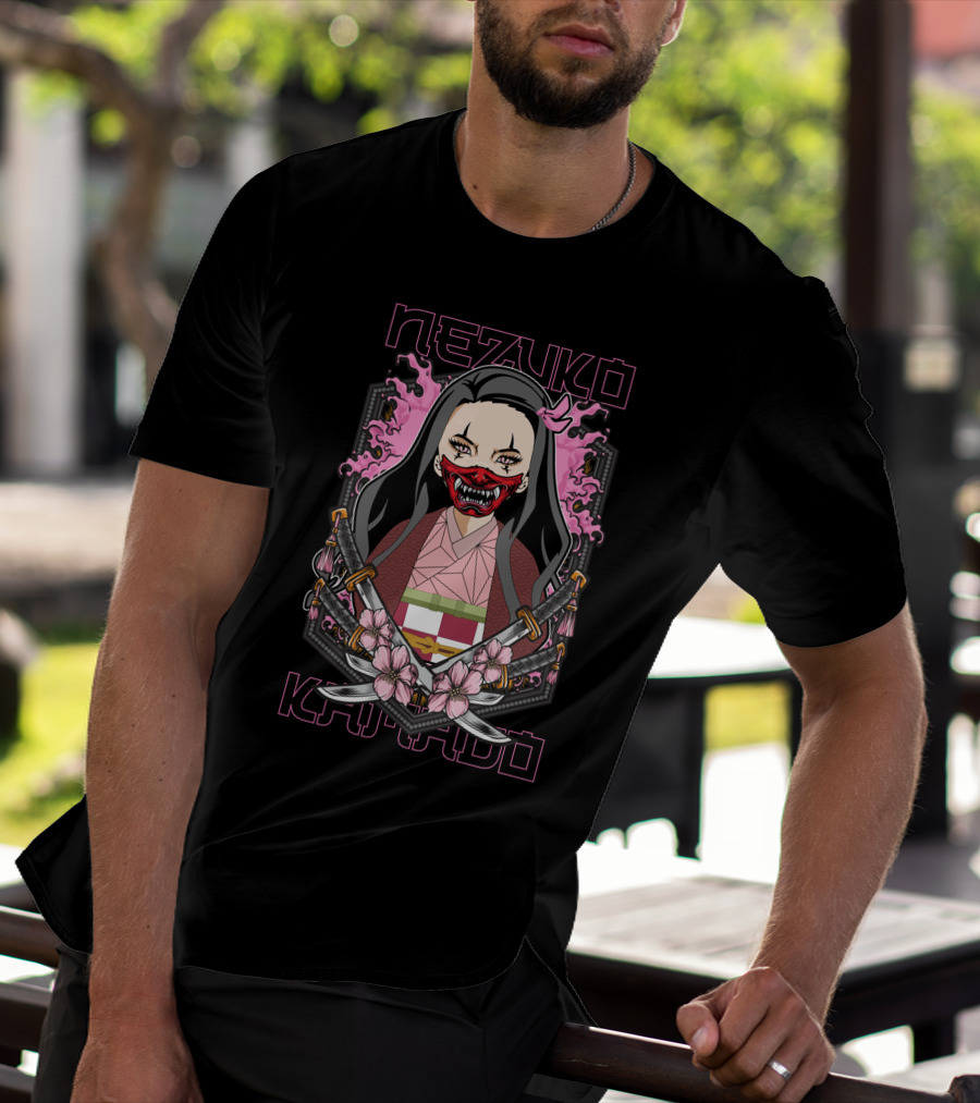 Nezuko Kamado Demon Slayer Kimetsu No Yaiba Pink Flames Swords Blossom T-Shirt