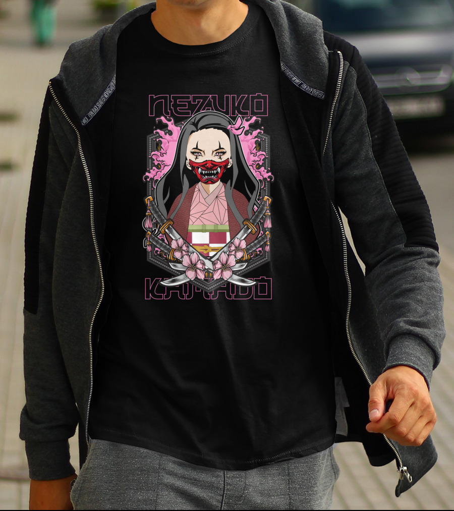 Nezuko Kamado Demon Slayer Kimetsu No Yaiba Pink Flames Swords Blossom T-Shirt
