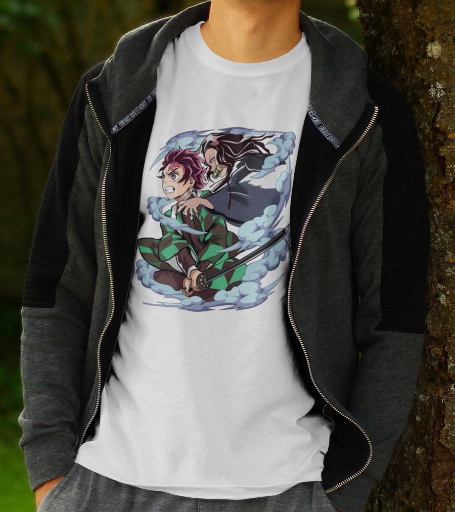 Demon Slayer Kimetsu No Yaiba Tanjiro Nezuko Anime Characters Sword Action Scene T-Shirt