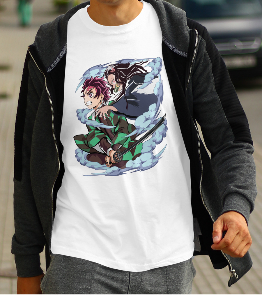 Demon Slayer Kimetsu No Yaiba Tanjiro Nezuko Anime Characters Sword Action Scene T-Shirt