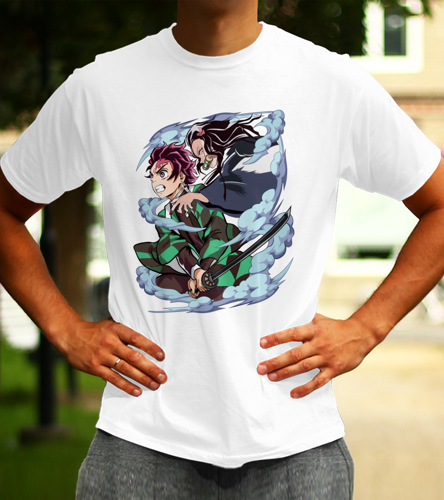 Demon Slayer Kimetsu No Yaiba Tanjiro Nezuko Anime Characters Sword Action Scene T-Shirt