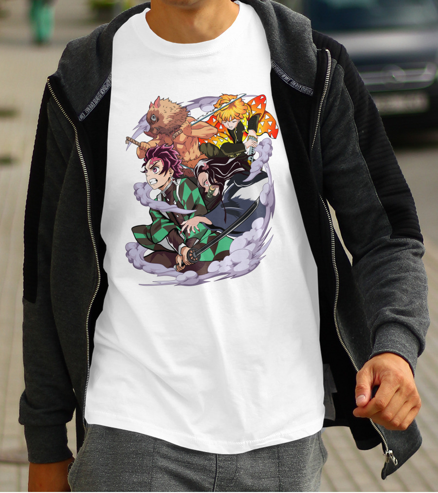 Demon Slayer Kimetsu No Yaiba Tanjiro Nezuko Zenitsu Inosuke Dynamic Action Scene T-Shirt