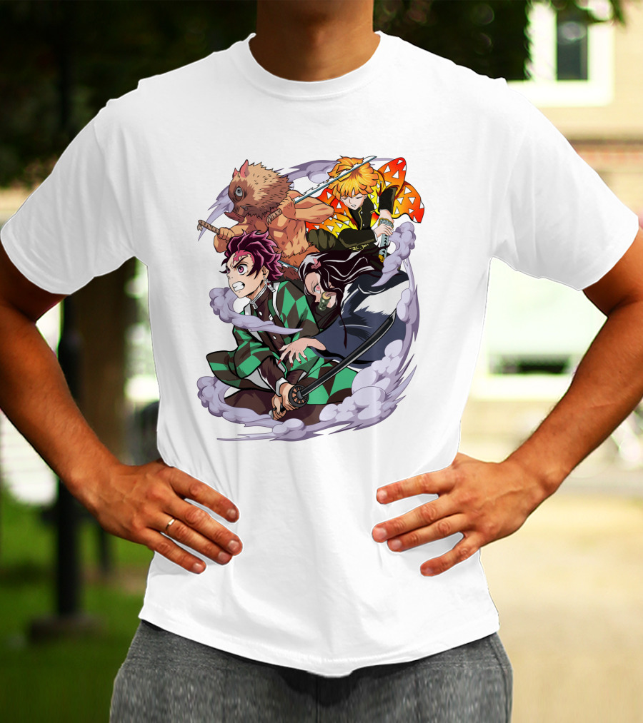 Demon Slayer Kimetsu No Yaiba Tanjiro Nezuko Zenitsu Inosuke Dynamic Action Scene T-Shirt