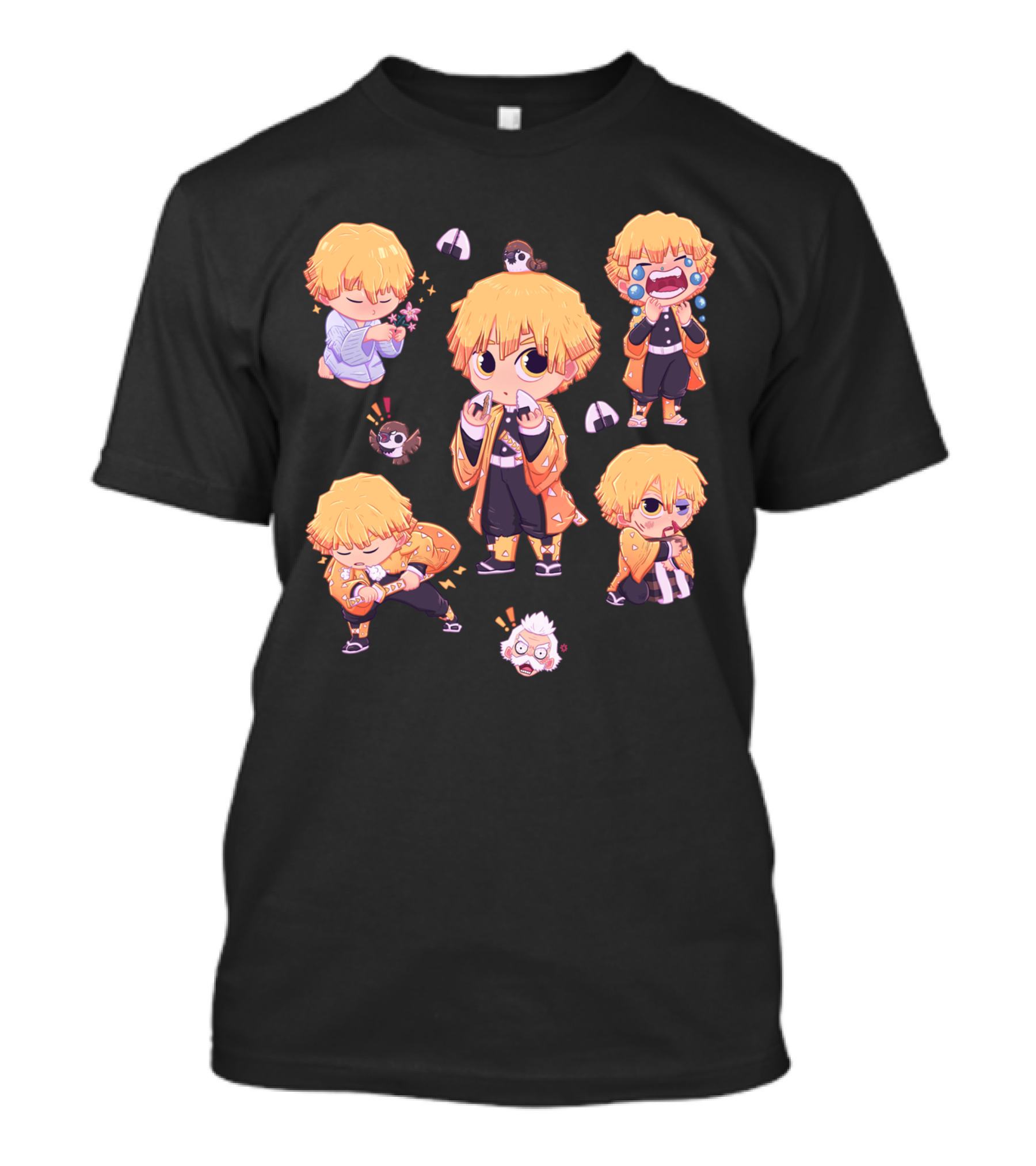Demon Slayer Kimetsu No Yaiba Zenitsu Chibi Diverse Expressions And Birds Collection T-Shirt