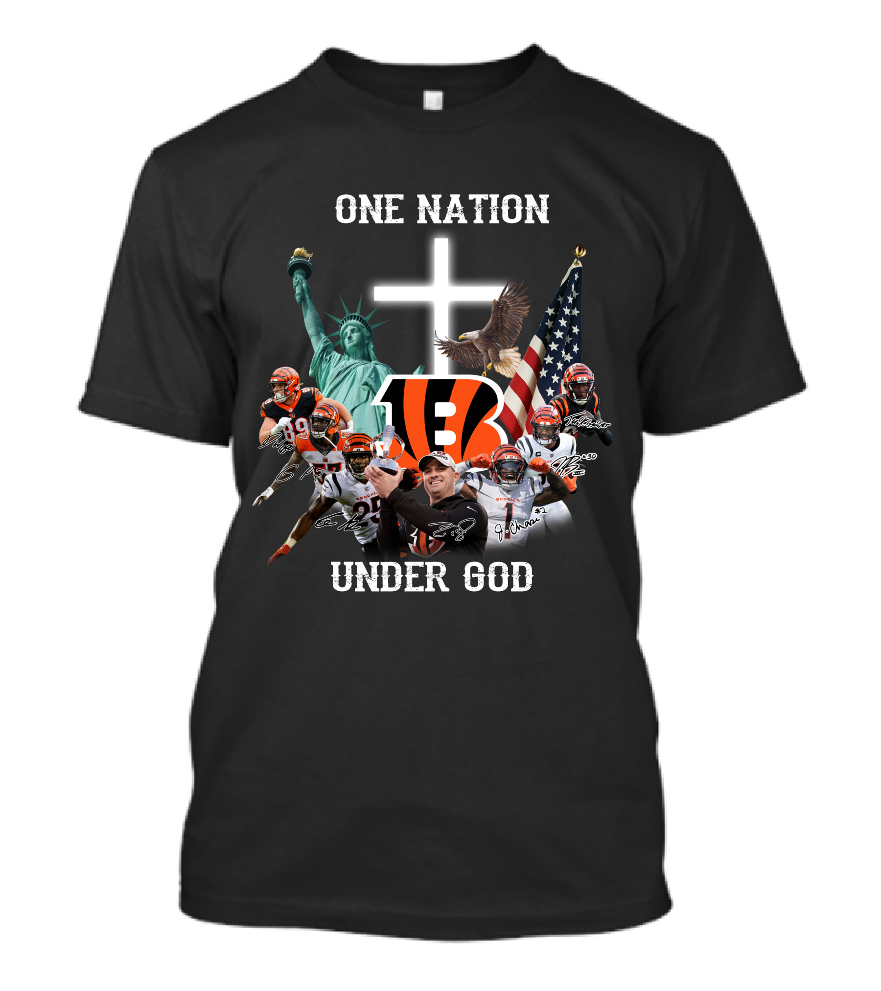 Cincinnati Bengals One Nation Under God Statue Of Liberty American Flag Eagle Football Players T-Shirt