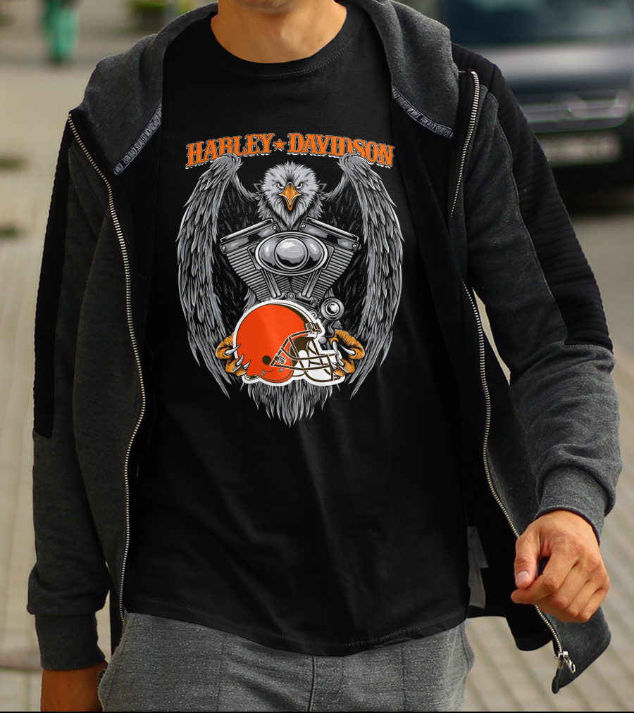 Harley Davidson Eagle With Cleveland Browns Football Helmet T-Shirt