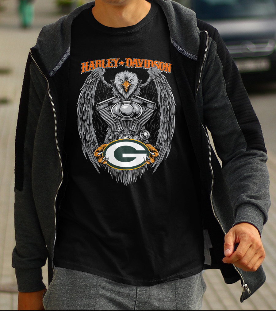 Harley Davidson Eagle V-Twin Engine With Green Bay Packers T-Shirt
