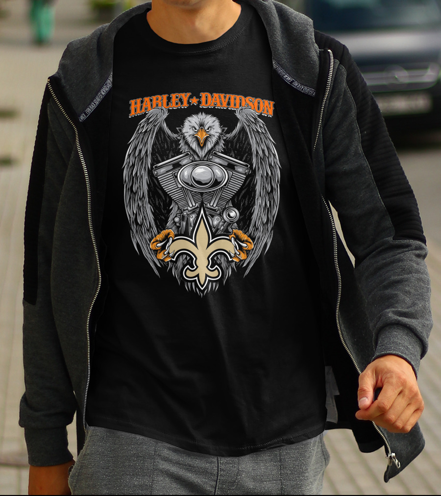 Harley Davidson New Orleans Saints Eagle Fleur-De-Lis Engine Art T-Shirt