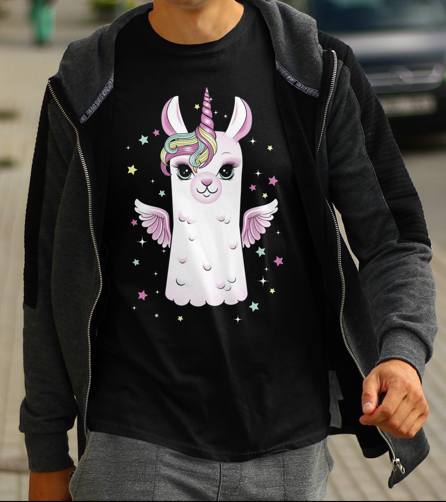 Llama Unicorn With Rainbow Mane And Wings Surrounded By Stars T-Shirt