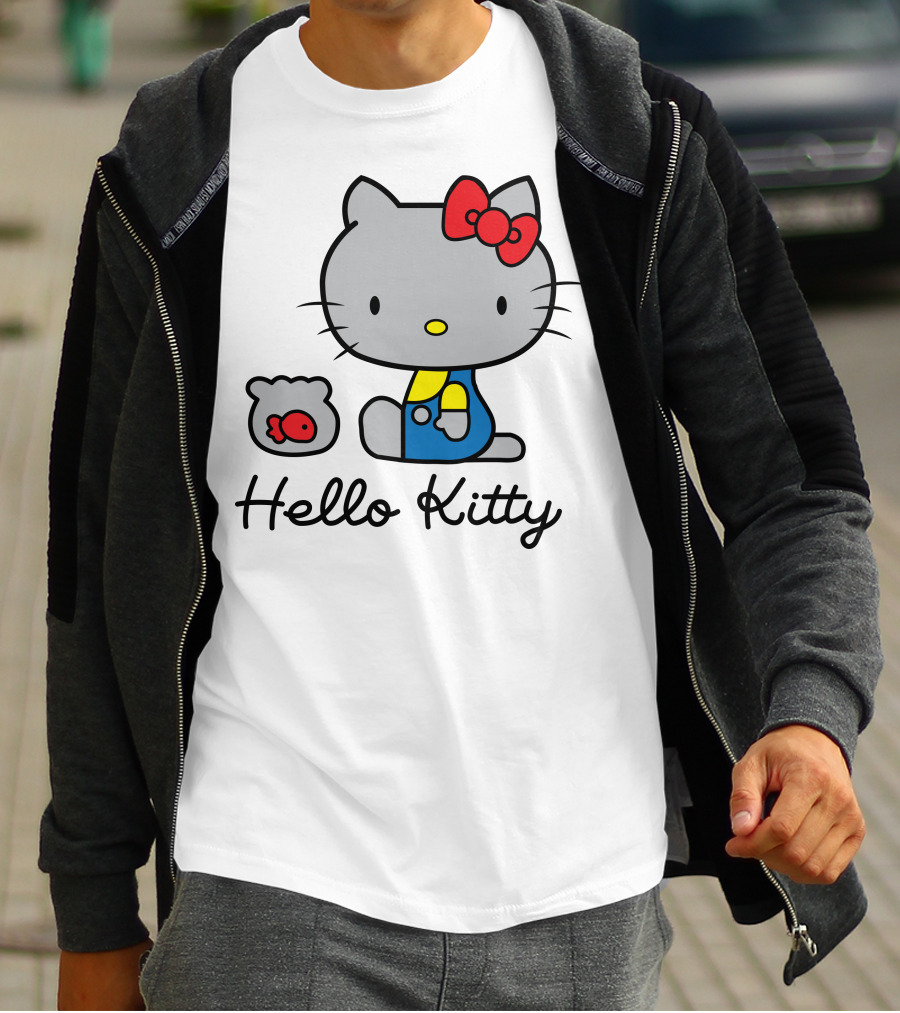 Hello Kitty Gray Cat With Red Bow And Fish Bowl T-Shirt