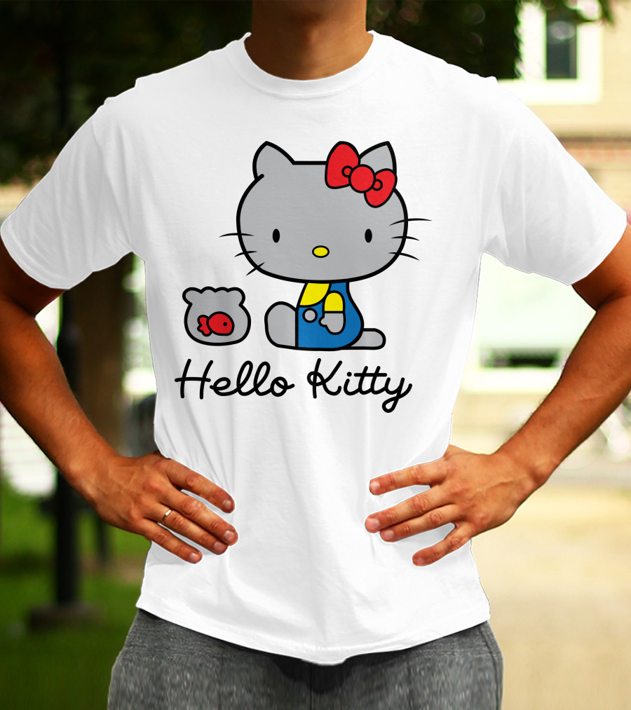 Hello Kitty Gray Cat With Red Bow And Fish Bowl T-Shirt
