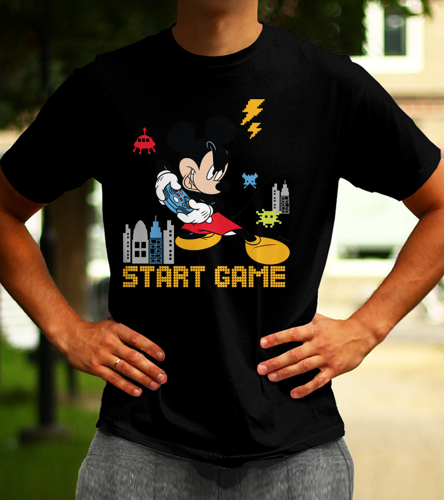 Mickey Holding Controller Retro Gaming City Start Game T-Shirt