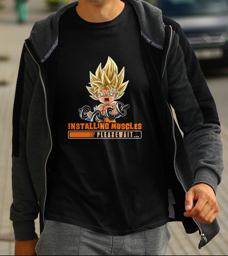 Installing Muscles Please Wait Super Saiyan Dumbbells Fitness Power Up T-Shirt