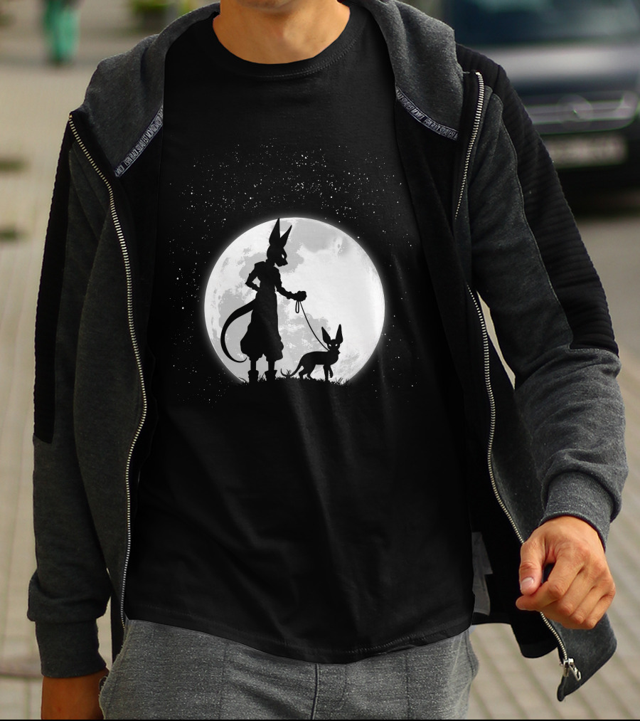 Beerus Walking Under Full Moon With Cat T-Shirt