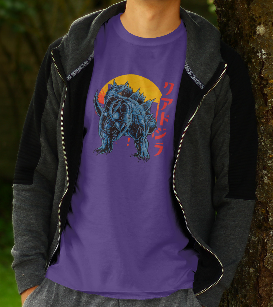 Raging Tobey Raskolapparel Quadzilla Kaiju Monster Retro Sunset Kanji T-Shirt