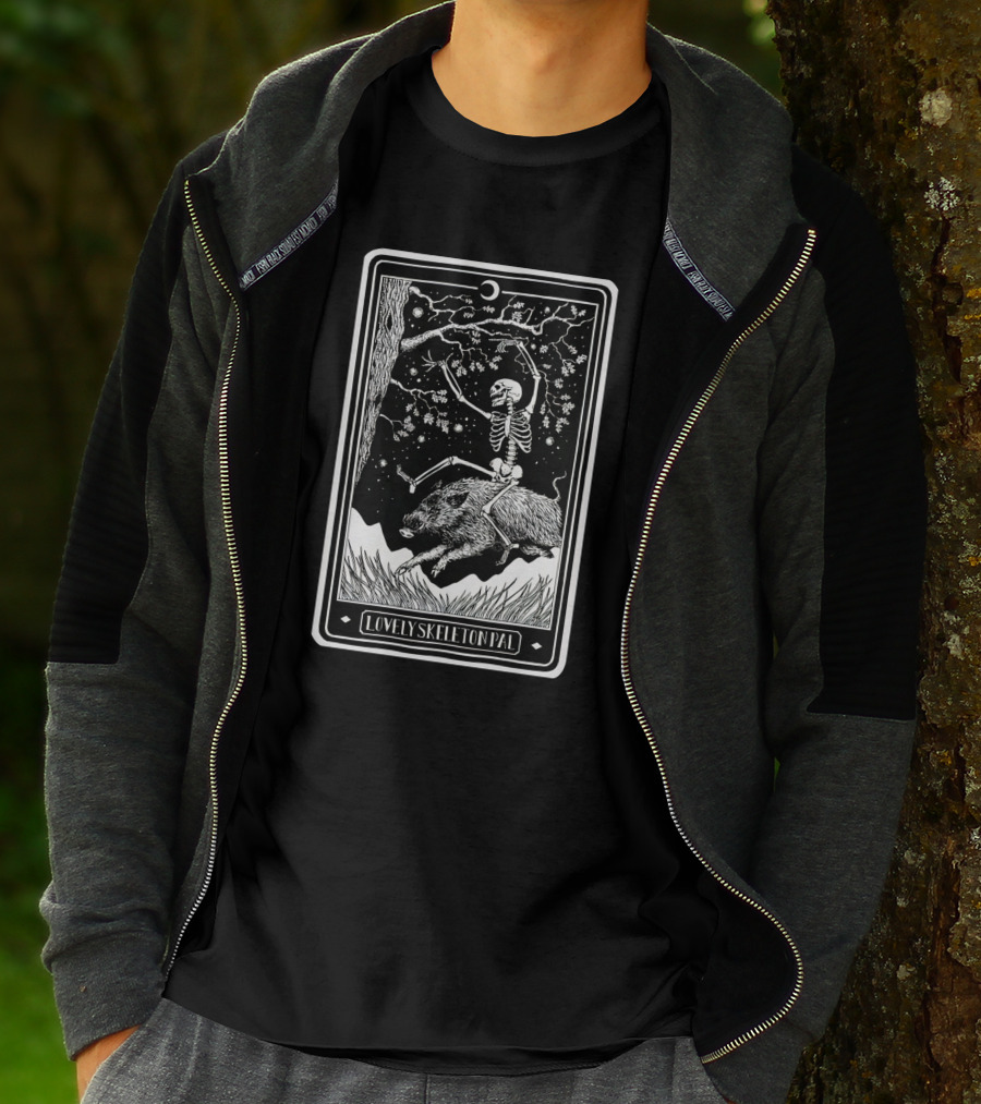 Lovely Skeleton Pal Johnny Chiodini Ever Press Store Merch Riding Wild Boar In Starry Night Scene T-Shirt