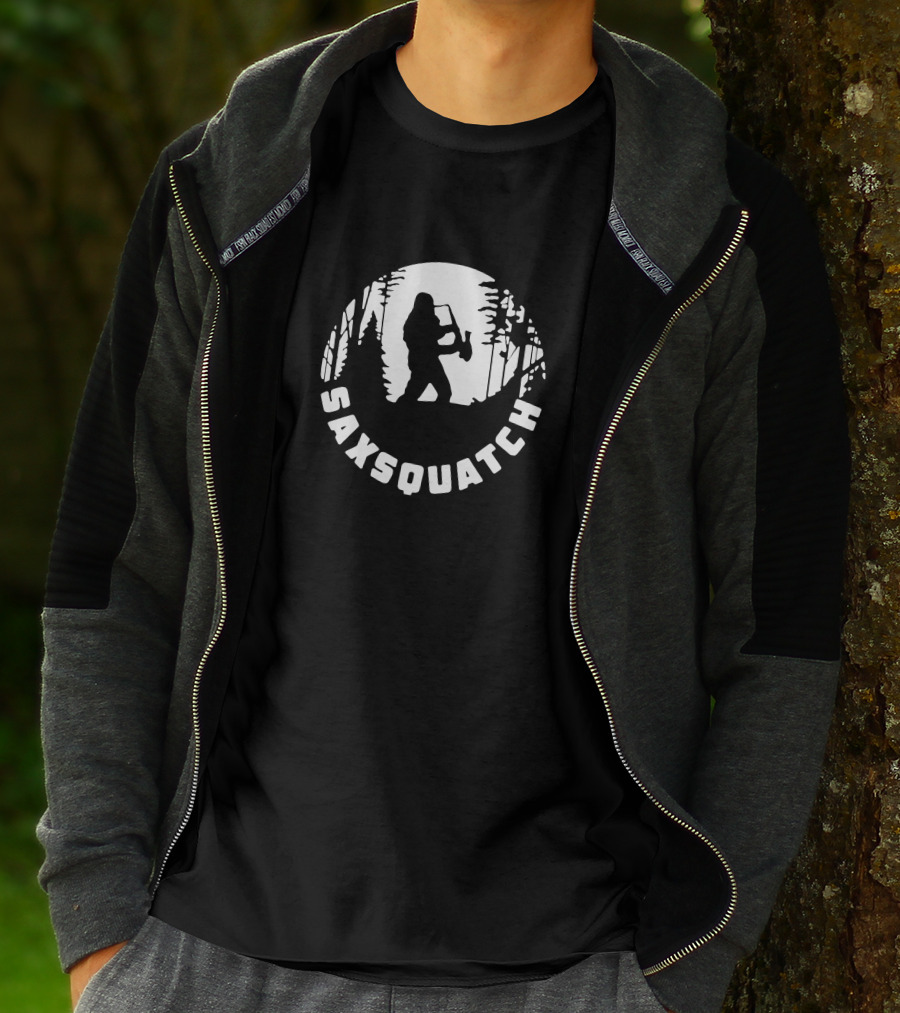 Saxsquatch Forest Silhouette Playing Saxophone T-Shirt
