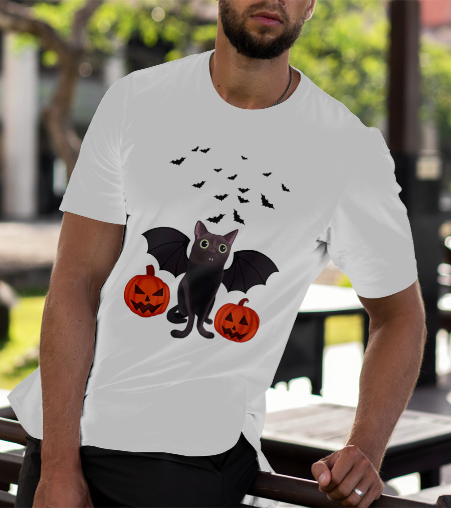 Bigfootjinx Merch Halloween Bat Jinx Black Cat With Pumpkin Jack-o'-Lanterns And Flying Bats T-Shirt